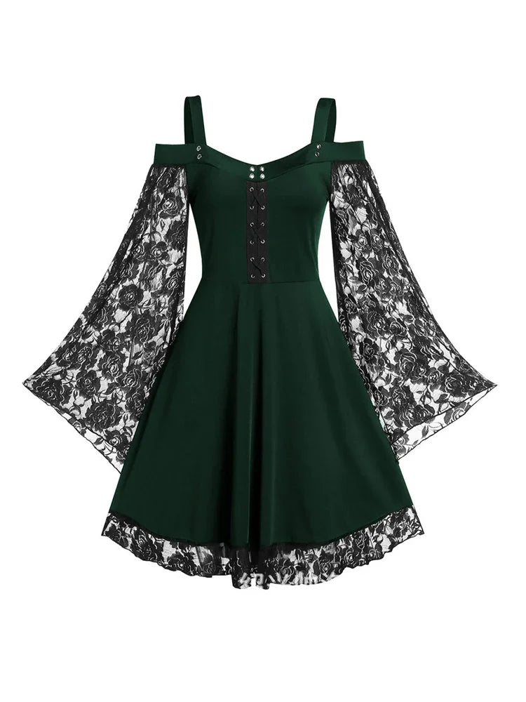 2022 New Gothic One-shoulder Lace Stitching Flared Sleeve Dress Literary Vintage Autumn Grunge Black A-line Dress Punk Partywear