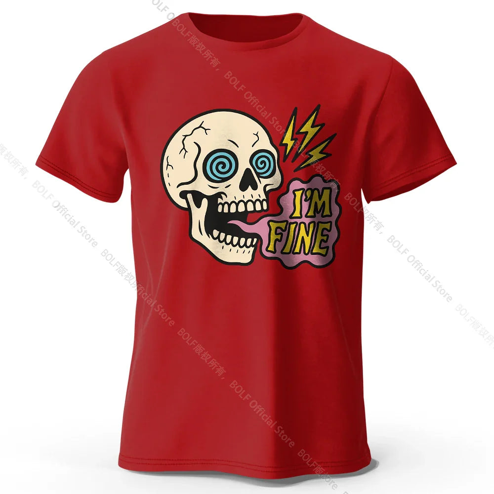 Men's I Am Fine Printed T-Shirt 100% Cotton Oversized Sarcastic Graphic Tees for Women Summer Tops Mood Streetwear