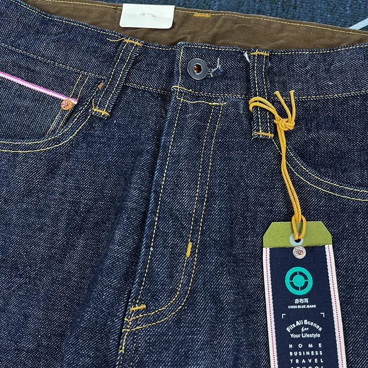 16oz High Quality Pink Selvadge Denim Jeans for Men Cotton Washed Pants Raw Blue American Vintage Hard Thick Straight Trousers