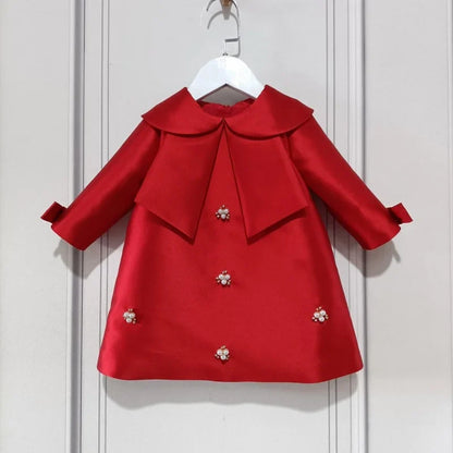 New Girls Western Style Long-Sleeved RedAWord PrincessAExpansion Skirt Handmade Pearl Diamond Dress Skirt