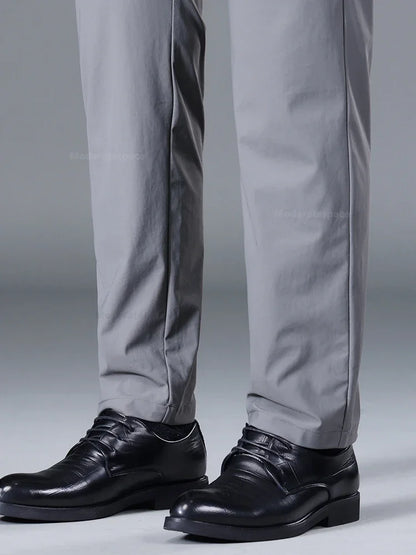 Summer Ultra-thin Casual Pants Men's High Elastic Quick-drying Ice Silk Straight Business Formal Casual Trousers Black Gray