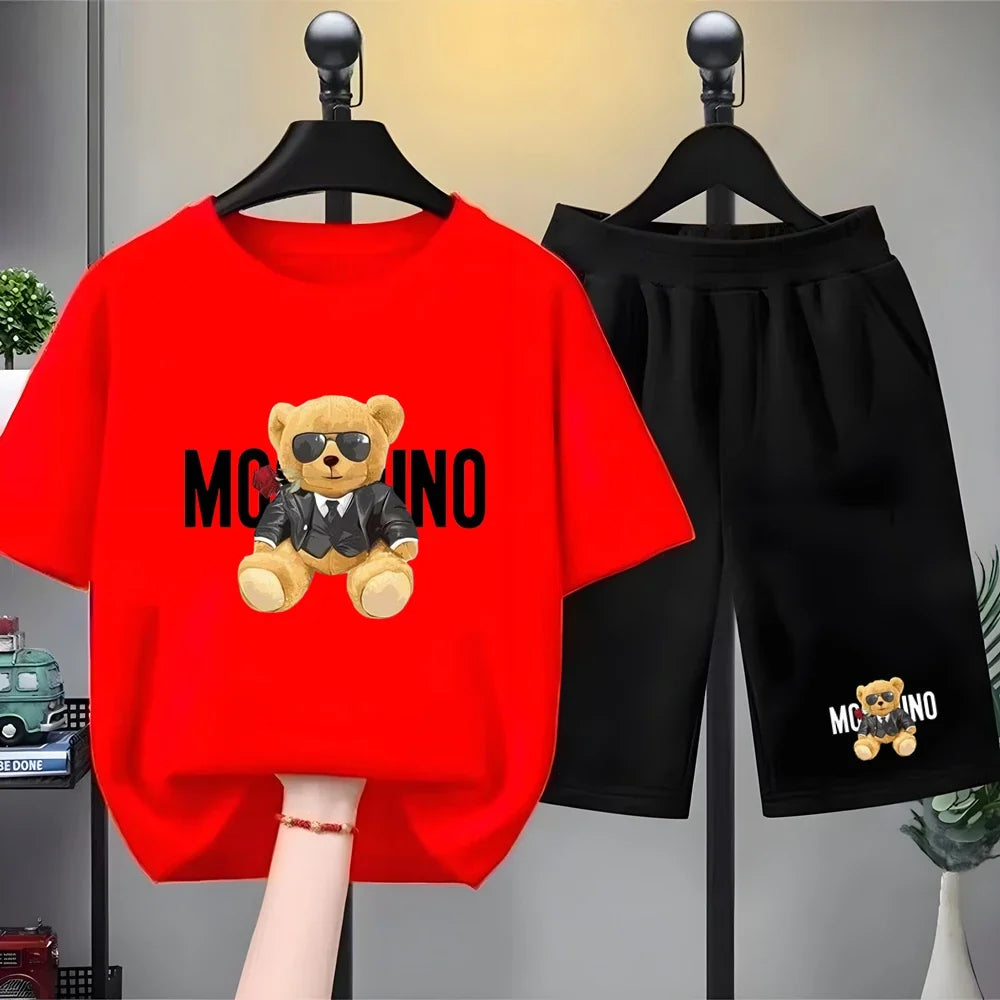 Fashion Letter Bear Print Children Summer Clothing Tshirt+Shorts Black Boy Girl Red Toddler 3-12Yrs Leisure Short-Sleeved Set