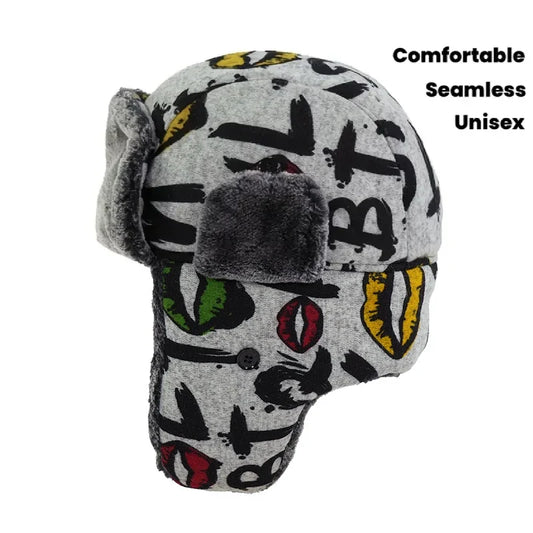 Letter Graffiti Unisex Warm Mens Women Trapper Cap Aviator Trooper Earflap Winter Flaps Ski Hat Bomber Hats Russian Fur Ski Hat