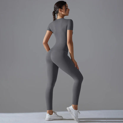 Yoga Set Women Workout Set Sportswear Gym Clothing Fitness Shorts Sleeve Crop Top High Waist Leggings Sports Suits
