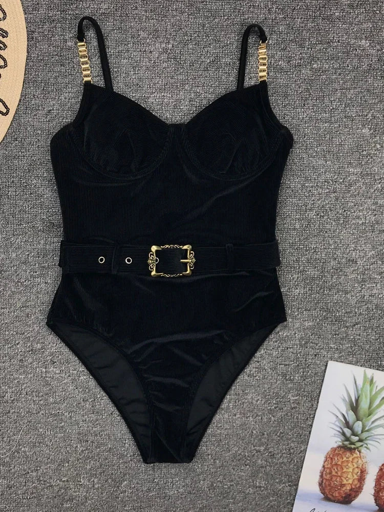 Sexy Push Up Underwire Swimwear Women Solid White Black Padded Buckle One Piece Swimsuit Beach Bathing Suit Bodysuit Monokini