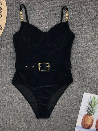 Sexy Push Up Underwire Swimwear Women Solid White Black Padded Buckle One Piece Swimsuit Beach Bathing Suit Bodysuit Monokini