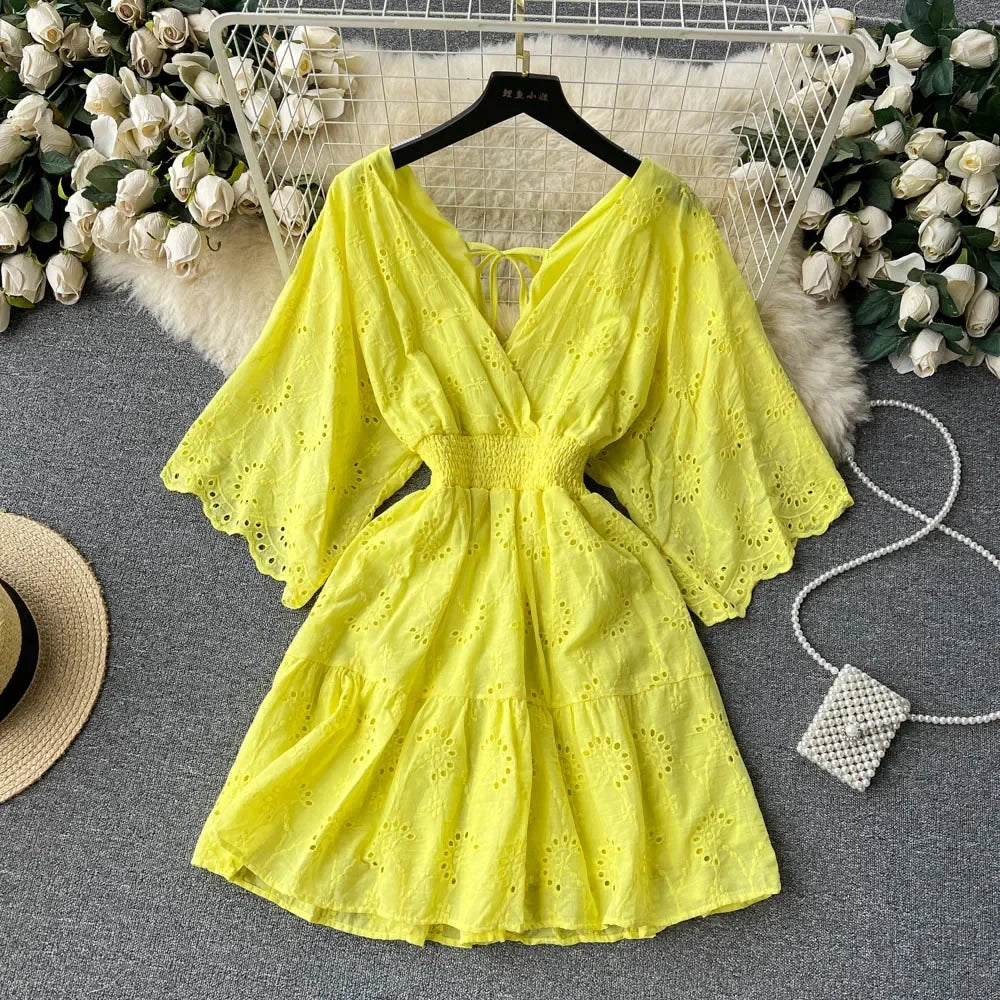 White/Purple/Blue V Neck Summer New Lace Embroidery Dress Women Short Sleeves Dresses Female Vintage Party Beach Midi Dresses