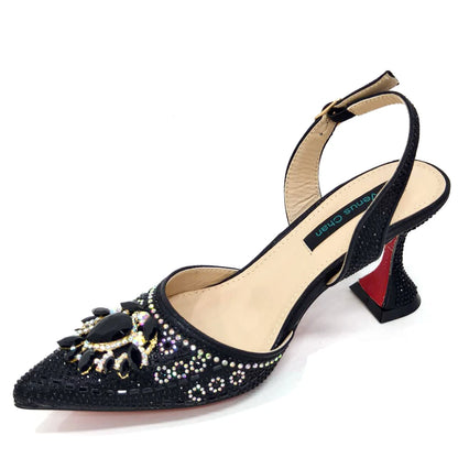 2024 Latest Wedding Pointed Toe Women's Shoes High Heel Black Color Rhinestones italian shoes and bags matching set
