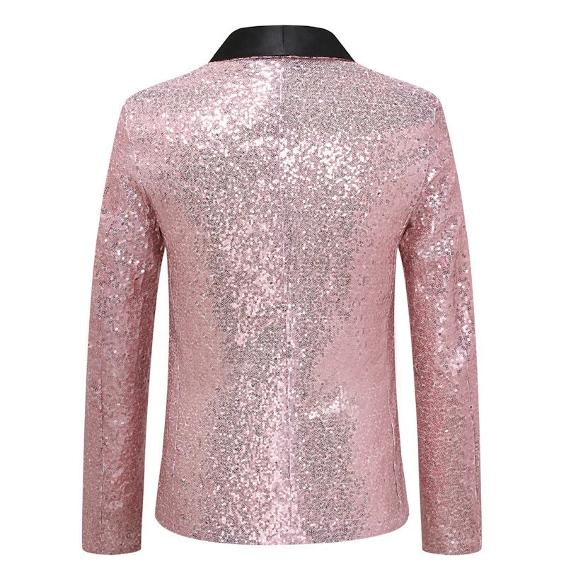 2026 Men's Suit Jacket, Shiny Sequin Stage Performance Coat, White Silver Blue Red Purple Blazers V-neck Single Button S-XXL