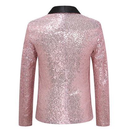 2026 Men's Suit Jacket, Shiny Sequin Stage Performance Coat, White Silver Blue Red Purple Blazers V-neck Single Button S-XXL