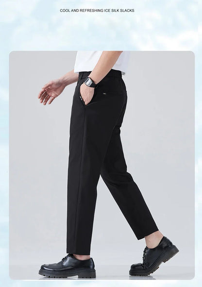 2026 Spring Summer Thin Ice Silk Suit Pants Men's Business Straight Slim High Elastic Ankle Length Casual Pants Male