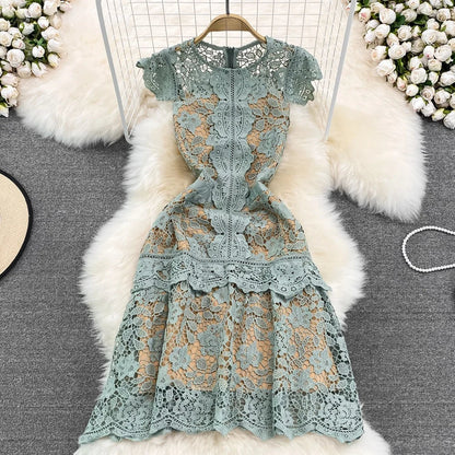 Retro Court Sle round Ne Fly Sve Slimming Soluble Hook Flower Hollow A-Line Dr Summer New Arrival Women's Faion