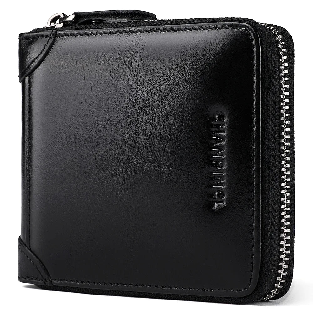 Men's Genuine Cowhide Leather Short Zipper Wallet – RFID Blocking & Gift Box