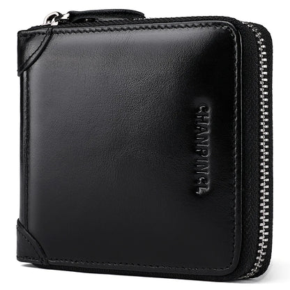 Men's Genuine Cowhide Leather Short Zipper Wallet – RFID Blocking & Gift Box