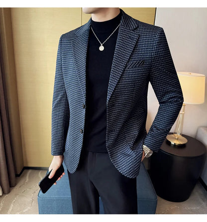 British Style Plaid Suit Jacket For Men 2025 New Business Casual Slim Blazer Formal Wedding Party Suit Dress Coats Men Clothing