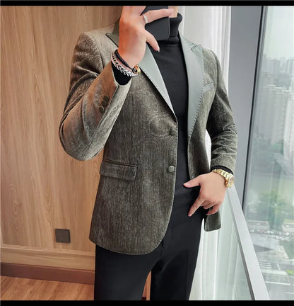 2025 Fashion Leather Neck Spliced Suit Jacket Luxury Men's Business Slim Fit Social Formal Blazers Coats Wedding Groom Tuxedos
