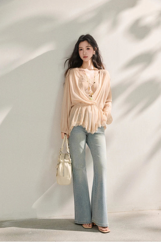 Women's French Style Beige Sheer Chiffon Blouse V Neck Lace Trim Elastic Waist Peplum Top For Spring Summer MXF16T1588