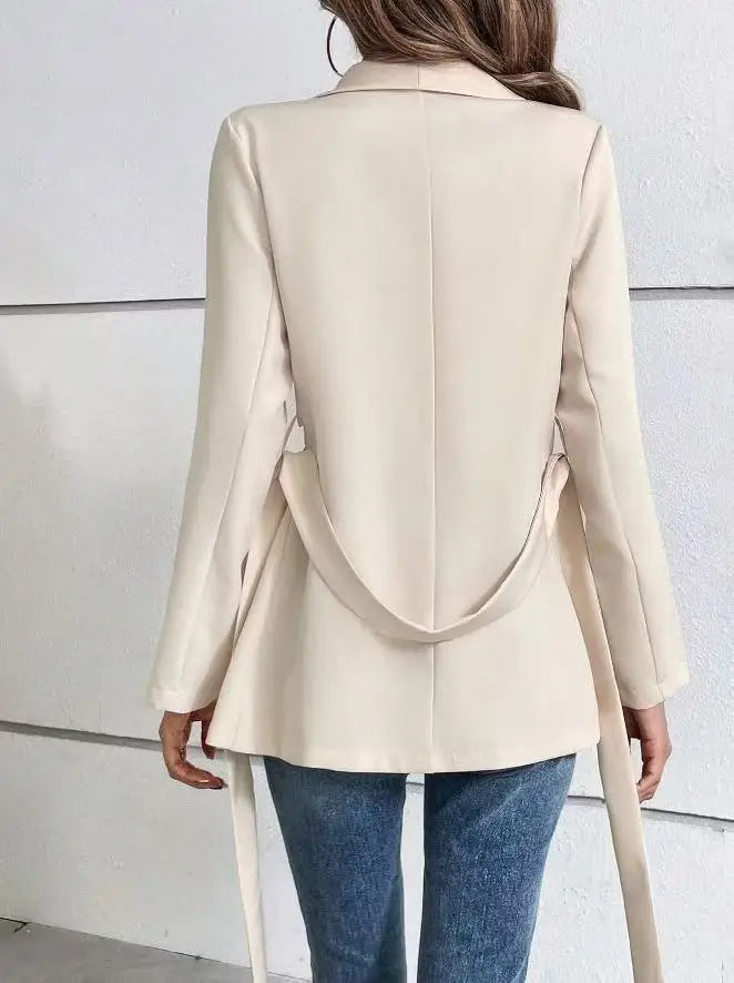 Fashionable Pure Color Long Sleeve Suit Jacket with Belt Waist Cinching Versatile Outerwear for Women Elegant Commute Style