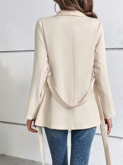 Fashionable Pure Color Long Sleeve Suit Jacket with Belt Waist Cinching Versatile Outerwear for Women Elegant Commute Style