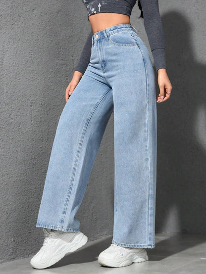 Retro Loose Wide Leg Jeans Fashion Women Solid Straight Wash High Elastic Waist Denim Pants Casual Streetwear Pocket Trousers
