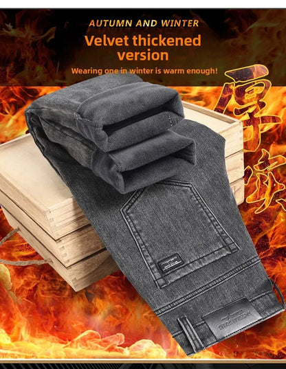 Winter Warm Jeans Men's Slim Straight Elastic Denim Pants Casual Male Clothing Fashion Plush Trousers New Hot Sale Fashion Jeans