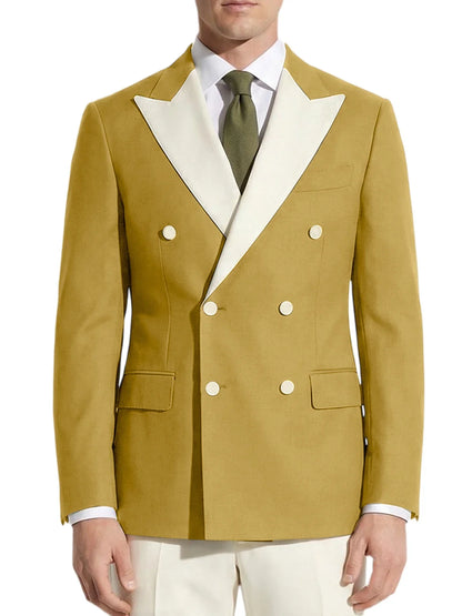 Classic Men's Tuxedo Jacket White Peak Lapel Patched Double Breasted Slim Fit Blazer for Business Formal Wedding Groom Prom Coat