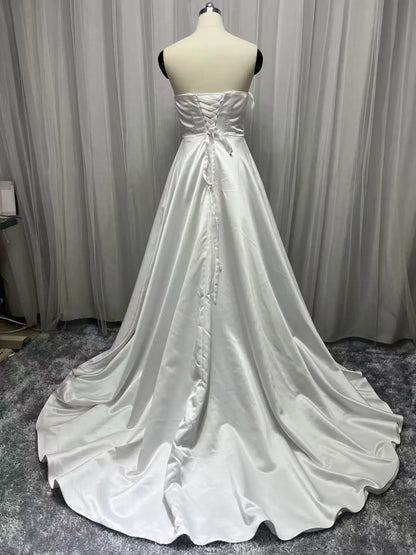 Customized Plus Size A Line Satin Strapless Wedding Dress V Neck Pleats High Side Slit Floor Length Bride Gowns Bridal Dres