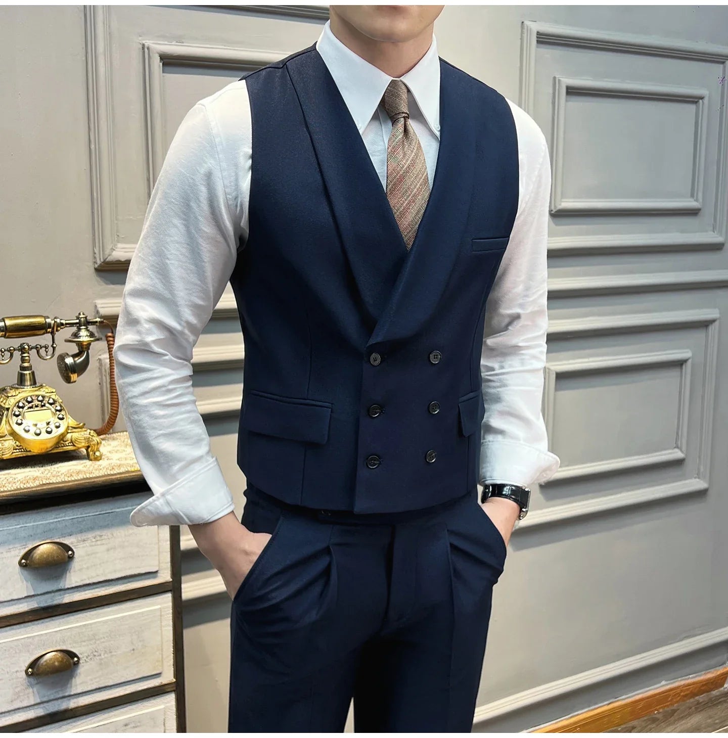 ( Vest + Pants) High-end Brand Solid Color Suit Vest 2 pieces Men Luxury Double Breasted Design Fashion Vest Set Club Clothing