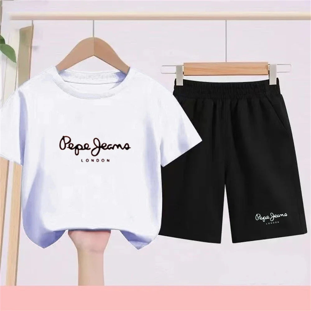 Summer T-shirt Children Short Sleeve Age 3-12 Girls Boy Set White Tshirt+Shorts 2pcs Youngster Cool Refreshing Kids Print Set