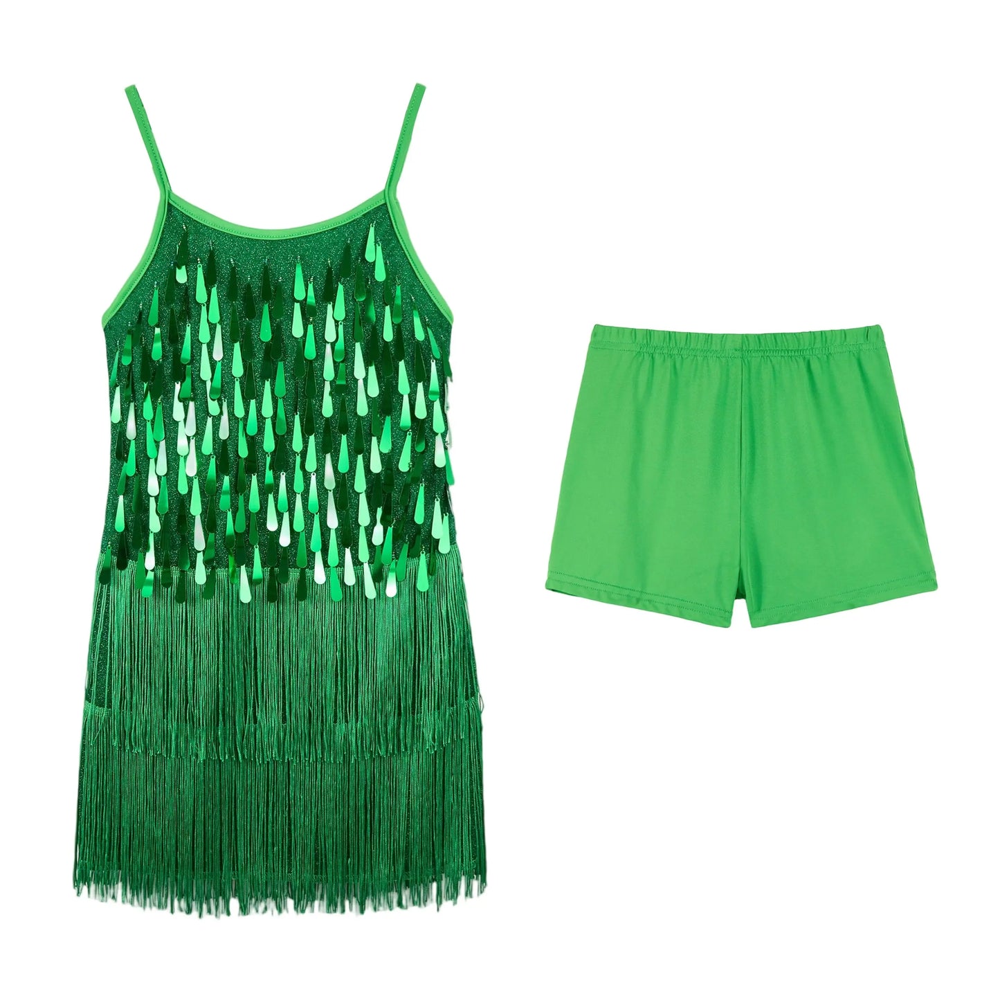 LOlanta 2Pcs Girls Sequin Latin Dance Dress Tassel Salsa Dancewear Sequin Fringe Dress Performance Outfits