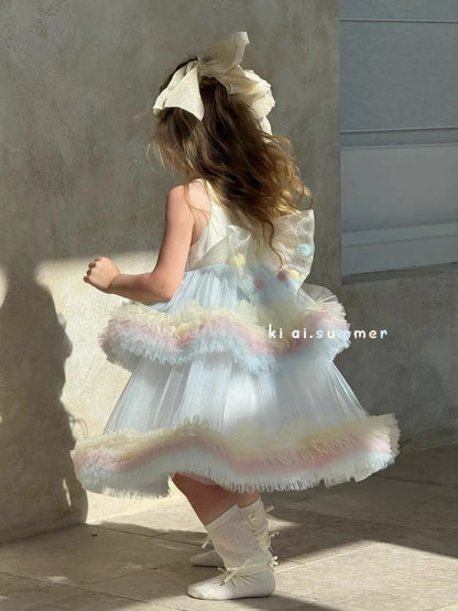 Sweet Baby Girls Elegant Rainbow Gradient Tutu Princess Cake Sundress Kids Tulle Ruffle Trim Puffy Birthday Party Casual Gown