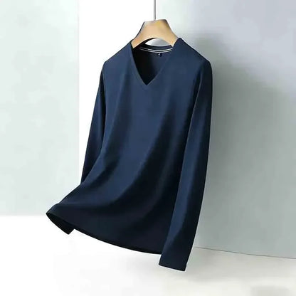 Minimalist Men's V-neck Long Sleeve T-shirt Soft Knitted Fabric Comfortable Top for All Seasons