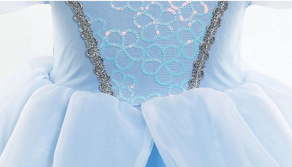 Princess Cinderella Girls Cosplay Cinderella Blue Short Sleeves Costume Kid Halloween Birthday Party Dress + Sleeves Suit