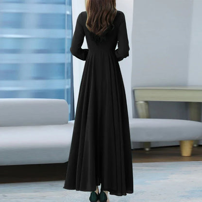 Women Long Sleeve A-line Sundress Spring Long Dress Autumn Solid Party Holiday Maxi Dresses Vestidos Femme Vintage Robe