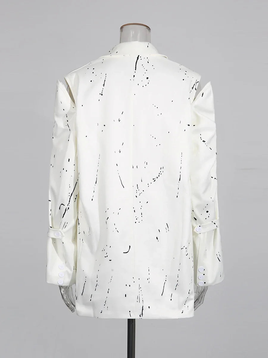Ink Splashing Print Fashion Blazer for Women Notched Collar Long Sleeve Hollow Out Design Loose Coat Female Autumn