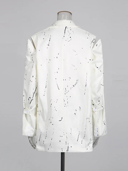 Ink Splashing Print Fashion Blazer for Women Notched Collar Long Sleeve Hollow Out Design Loose Coat Female Autumn