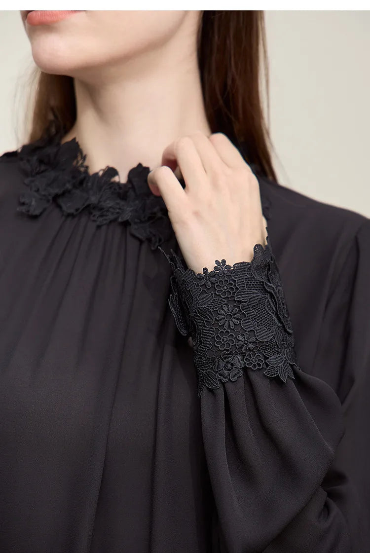 Women's Blouse 2026 Autumn New Elegant Commuter Lace Splicing Chiffon Shirt O-Neck Loose Pullover Tops For Woman 12621067