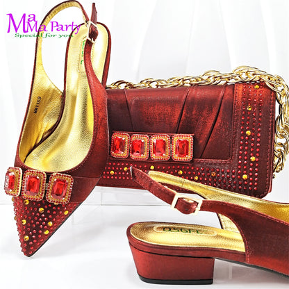 Fashion 2024 Classics Style Autumn Winter New Arrivals Italian Ladies Shoes Matching Bag Set in Wine Color for Garden Party