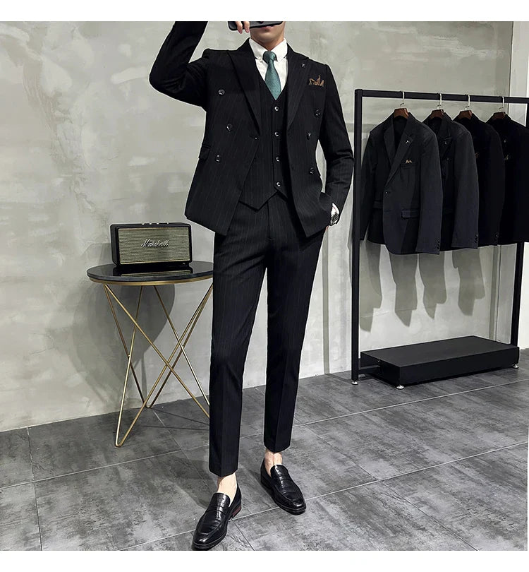 2025 High-quality Korean Version Slim-fit Business (Suit + Vest + Trousers) Striped Double-breasted Suit Three-piece Set