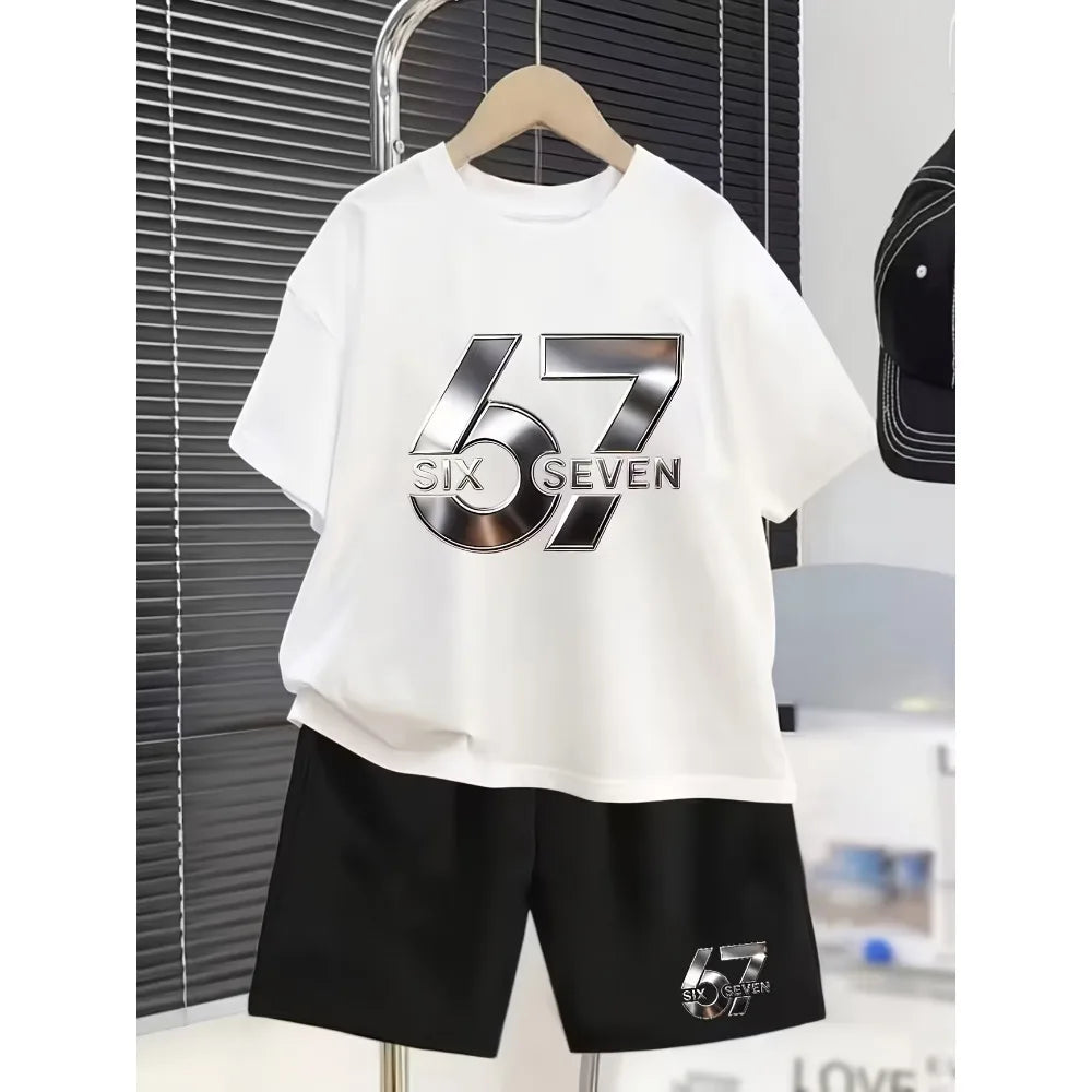 New Kids Clothes Girls 67 Funny Printer Kids T-shirt Shorts Pant Set Fashion Children's Clothes Casual Short Sleeve Shorts Set