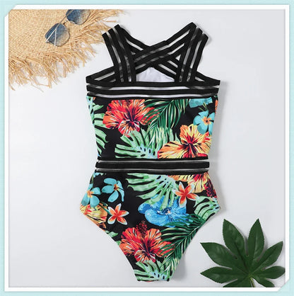 Solid Mesh Tape Swimsuit 2026 One Piece Sexy High Neck Swimwear Women Cross Front Bathing Suit Female Padded Beachwear Bodysuit