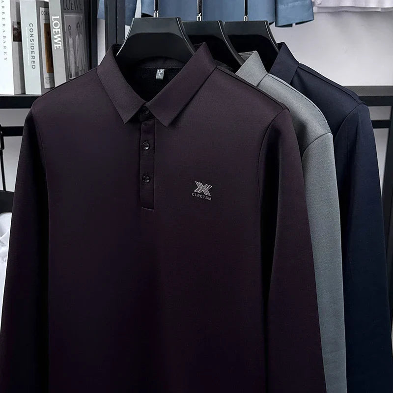 2025 Winter Men's Fashion New Collection with Velvet Long Sleeve T-shirt, Collar with Mulberry Silk and Wool Warmth POLO Sweater