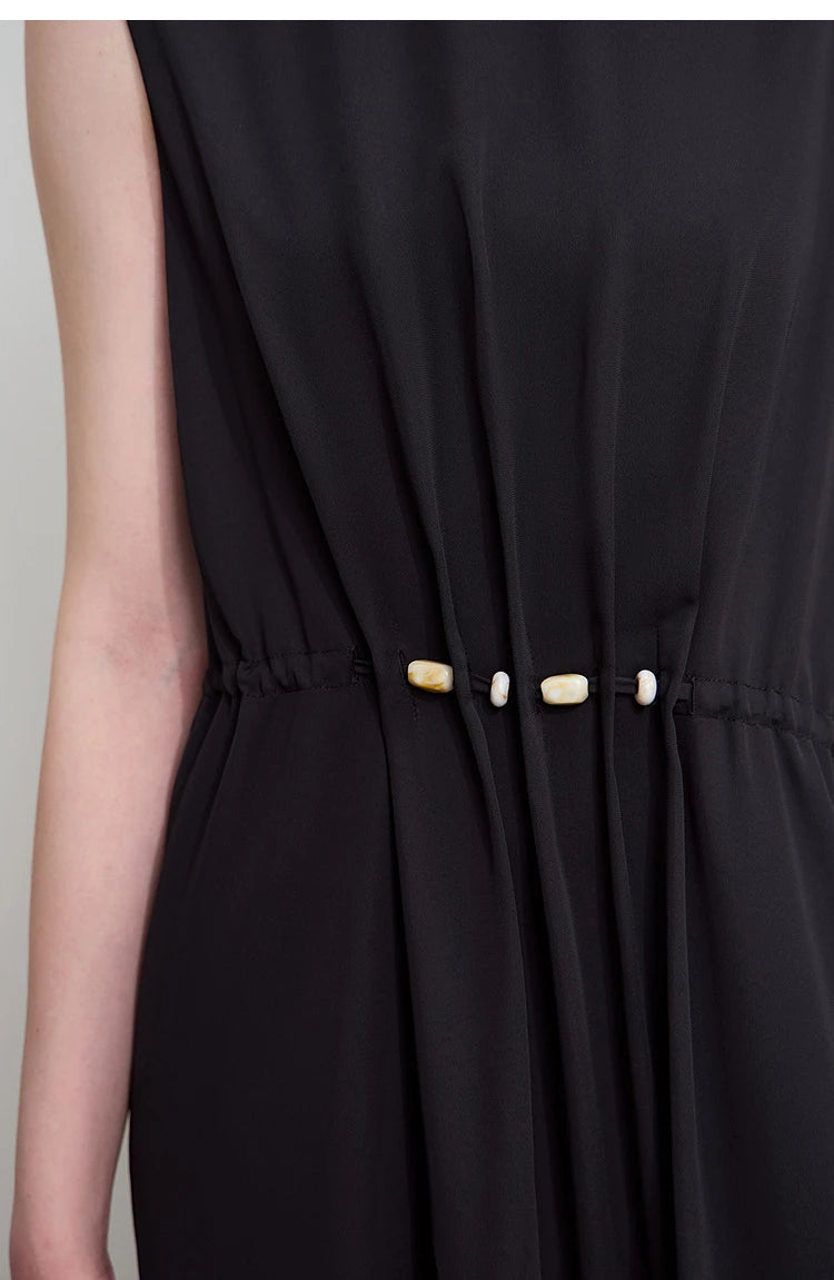 Minimalism Dresses 2025 Summer Vocation Women Loose Long Dresse Sleeveless High Waist Design Bead Drawstring Dress 12542177