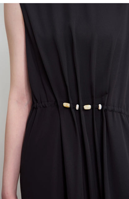 Minimalism Dresses 2025 Summer Vocation Women Loose Long Dresse Sleeveless High Waist Design Bead Drawstring Dress 12542177