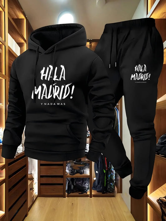 Men's Hala Madrid Graphic Print Hoodie And Jogger Set Casual Loose Fit Polyester Knit Pullover with Elastic Material