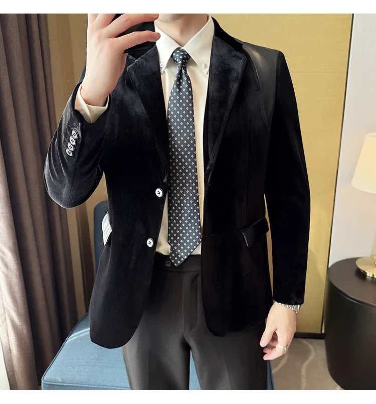 Autumn Winter New Men Mercerized Velvet Slim Fit Suit Coats Fashion Leather Splicing Casual Business Formal Party Tailcoat 4XL-M