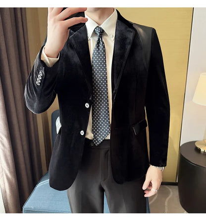 Autumn Winter New Men Mercerized Velvet Slim Fit Suit Coats Fashion Leather Splicing Casual Business Formal Party Tailcoat 4XL-M