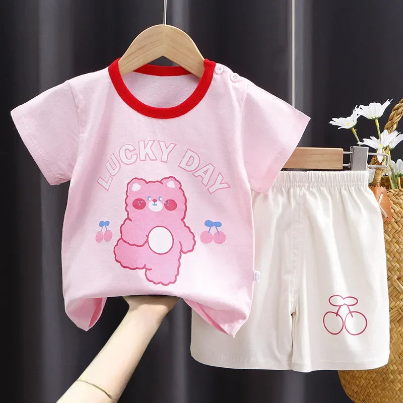 Cotton Short Sleeve T-shirts and Shorts 2PCS Breathable Outfit For Girls New Boys Summer Clothing Set Full Bear Print