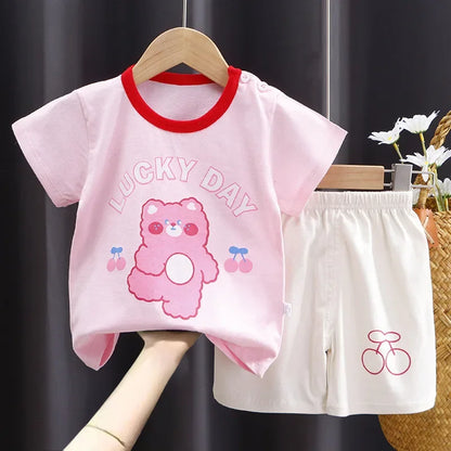 Cotton Short Sleeve T-shirts and Shorts 2PCS Breathable Outfit For Girls New Boys Summer Clothing Set Full Bear Print