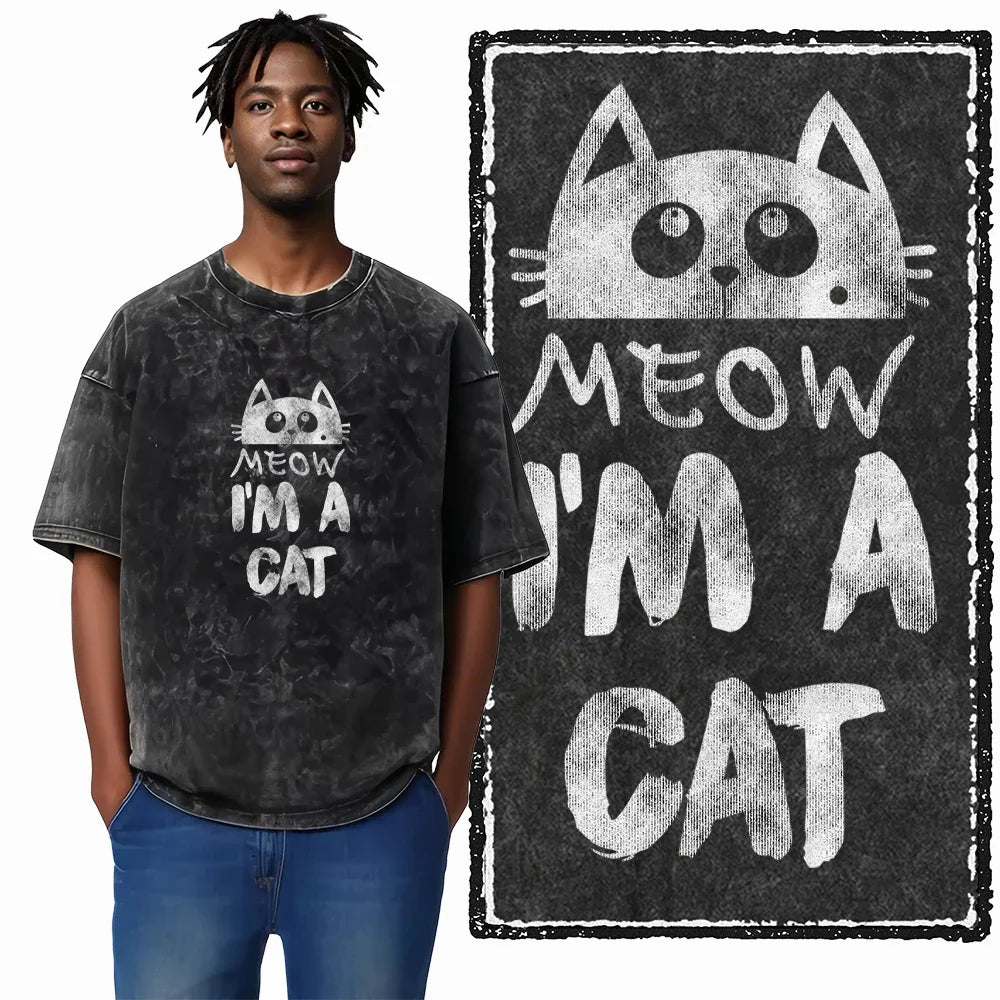 Cat Printed Cotton Acid Washed Exclusive Graphic Unisex T Shirt Cool Streetwear Men Tshirts Big Size Tee for Men